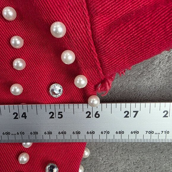 Womens Salt Red Pearl & Rhinestone Embellished Cropped Denim Jacket Button Up S - Picture 6 of 8